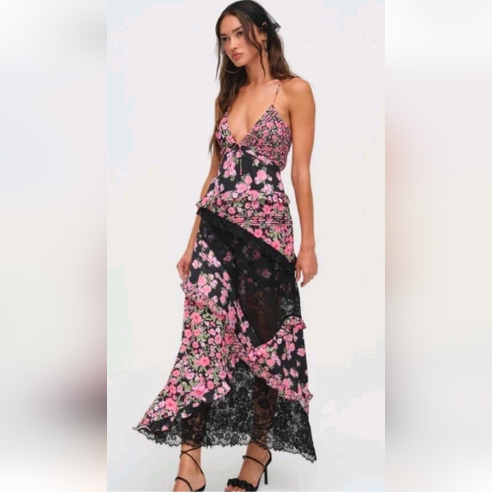 🍋For Love and Lemons Rosalyn Black Floral Maxi Dress